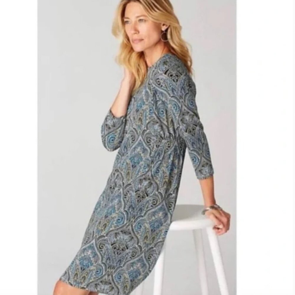 J. Jill Wearever Collection Paisley Print 3/4 Sleeve Shift Dress Sz M Lagenlook